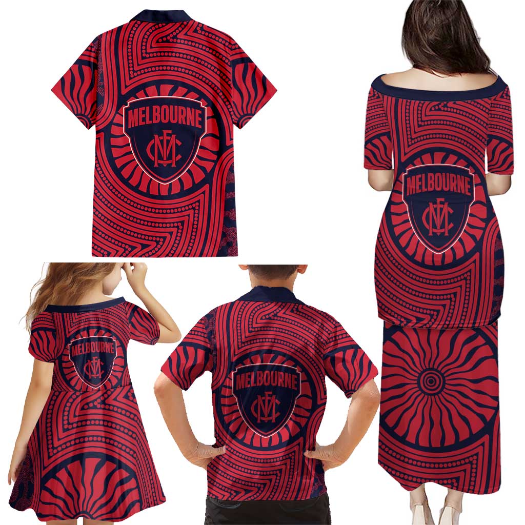 Melbourne Football Club Family Matching Puletasi and Hawaiian Shirt Indigenous Monochrome Dot Art Mascot Style
