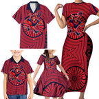 Melbourne Football Club Family Matching Short Sleeve Bodycon Dress and Hawaiian Shirt Indigenous Monochrome Dot Art Mascot Style