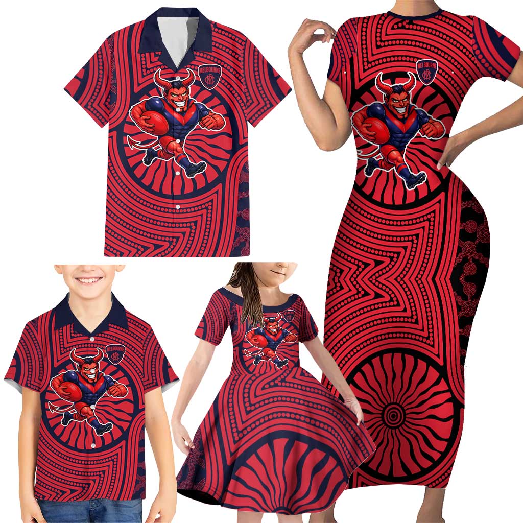 Melbourne Football Club Family Matching Short Sleeve Bodycon Dress and Hawaiian Shirt Indigenous Monochrome Dot Art Mascot Style