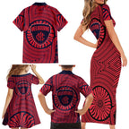 Melbourne Football Club Family Matching Short Sleeve Bodycon Dress and Hawaiian Shirt Indigenous Monochrome Dot Art Mascot Style