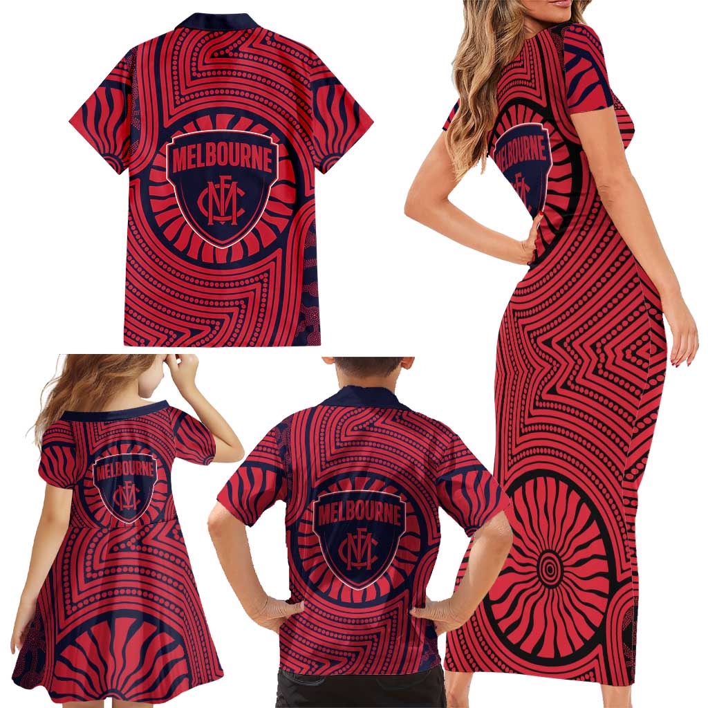 Melbourne Football Club Family Matching Short Sleeve Bodycon Dress and Hawaiian Shirt Indigenous Monochrome Dot Art Mascot Style