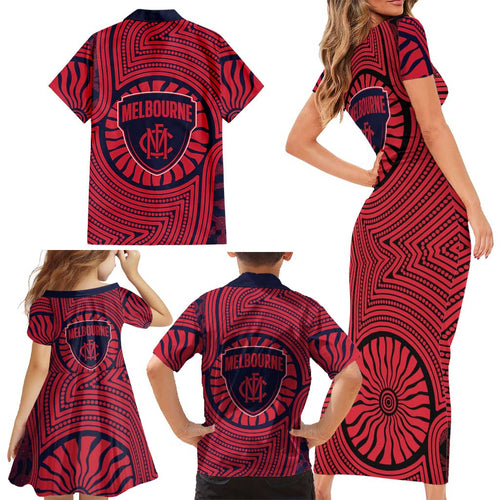Melbourne Football Club Family Matching Short Sleeve Bodycon Dress and Hawaiian Shirt Indigenous Monochrome Dot Art Mascot Style