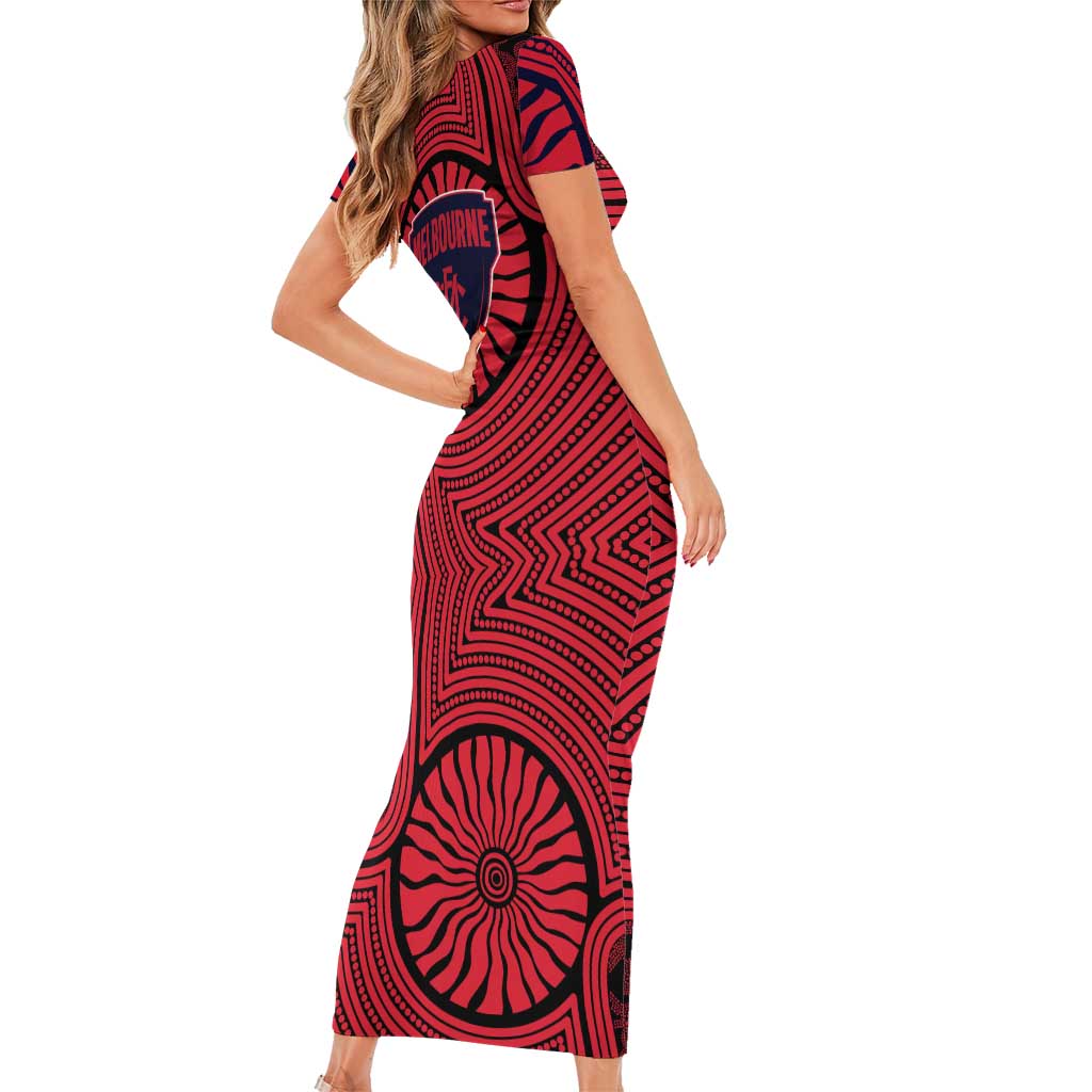 Melbourne Football Club Family Matching Short Sleeve Bodycon Dress and Hawaiian Shirt Indigenous Monochrome Dot Art Mascot Style