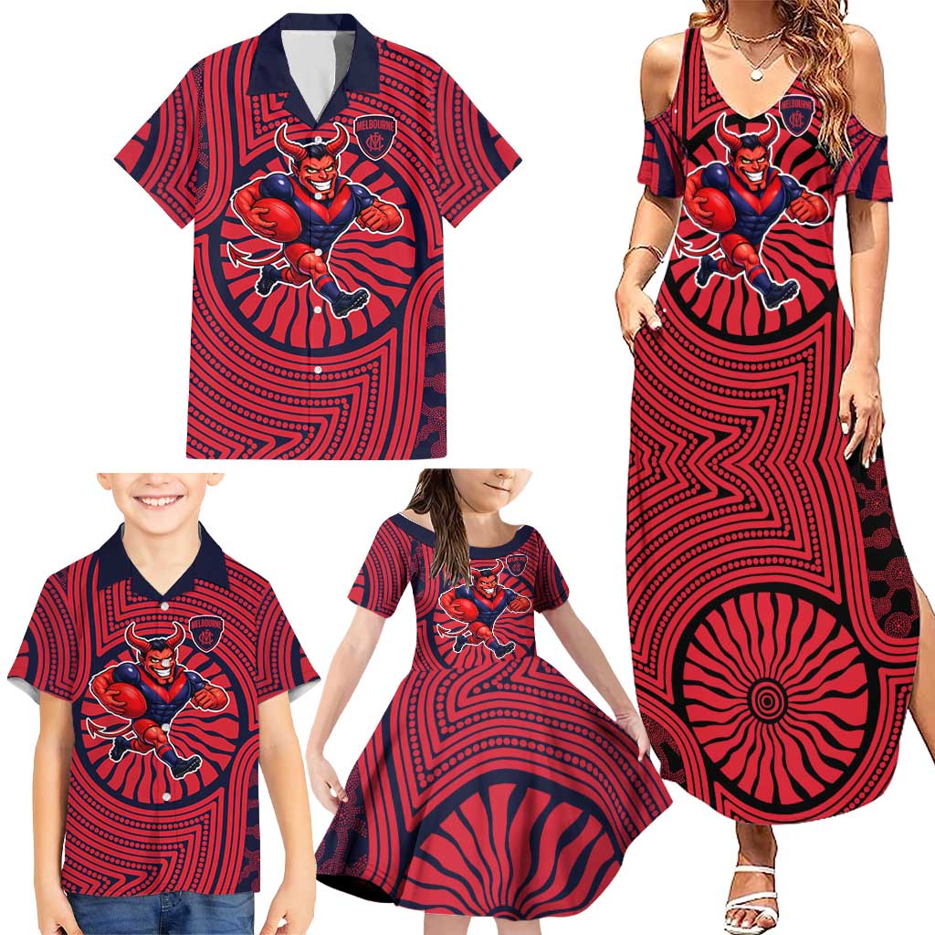 Melbourne Football Club Family Matching Summer Maxi Dress and Hawaiian Shirt Indigenous Monochrome Dot Art Mascot Style