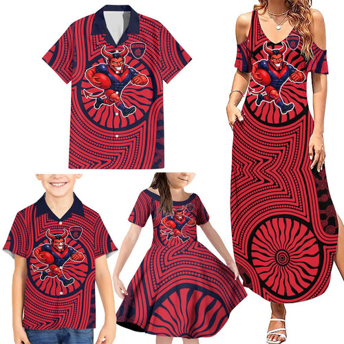 Melbourne Football Club Family Matching Summer Maxi Dress and Hawaiian Shirt Indigenous Monochrome Dot Art Mascot Style