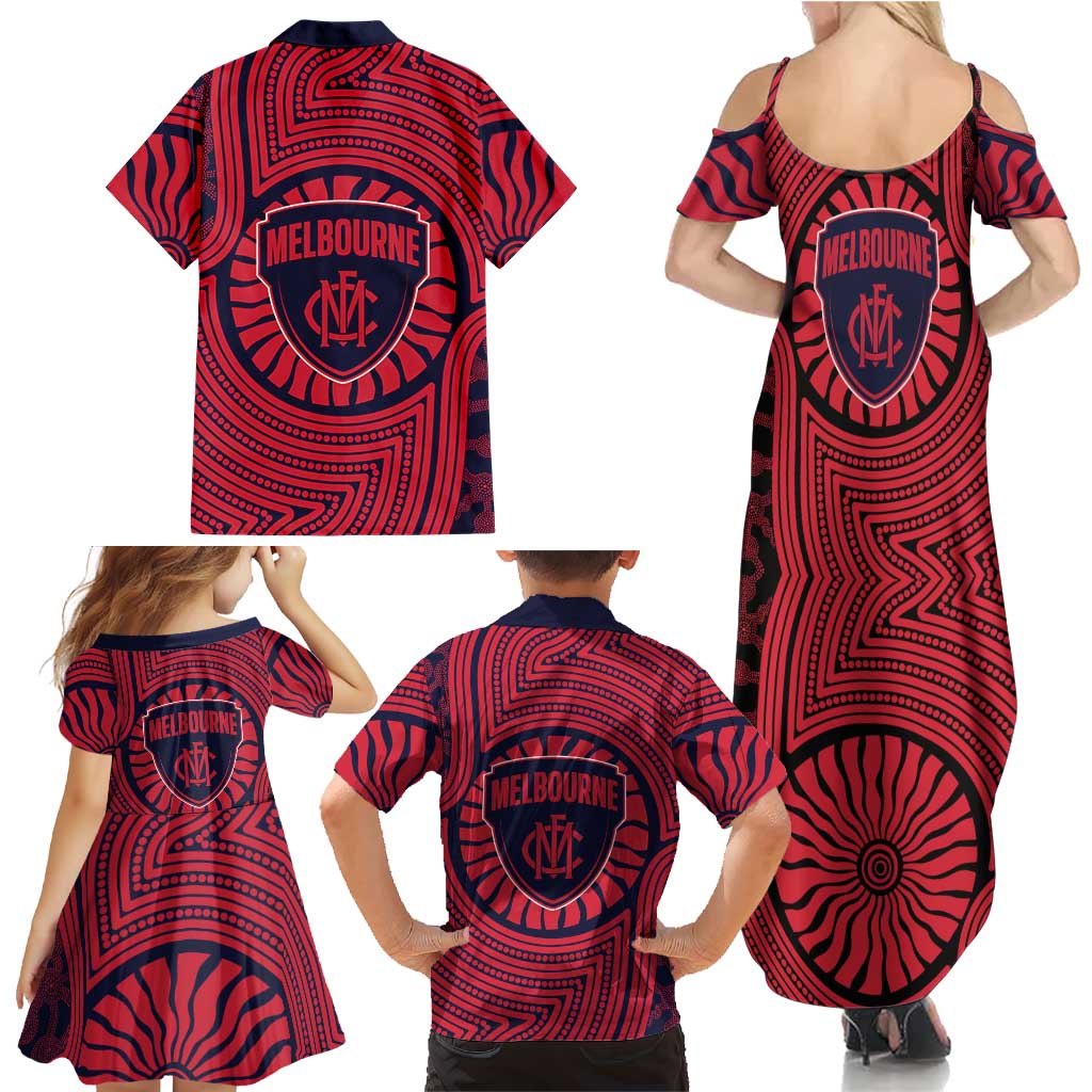 Melbourne Football Club Family Matching Summer Maxi Dress and Hawaiian Shirt Indigenous Monochrome Dot Art Mascot Style