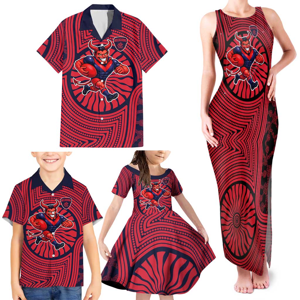 Melbourne Football Club Family Matching Tank Maxi Dress and Hawaiian Shirt Indigenous Monochrome Dot Art Mascot Style