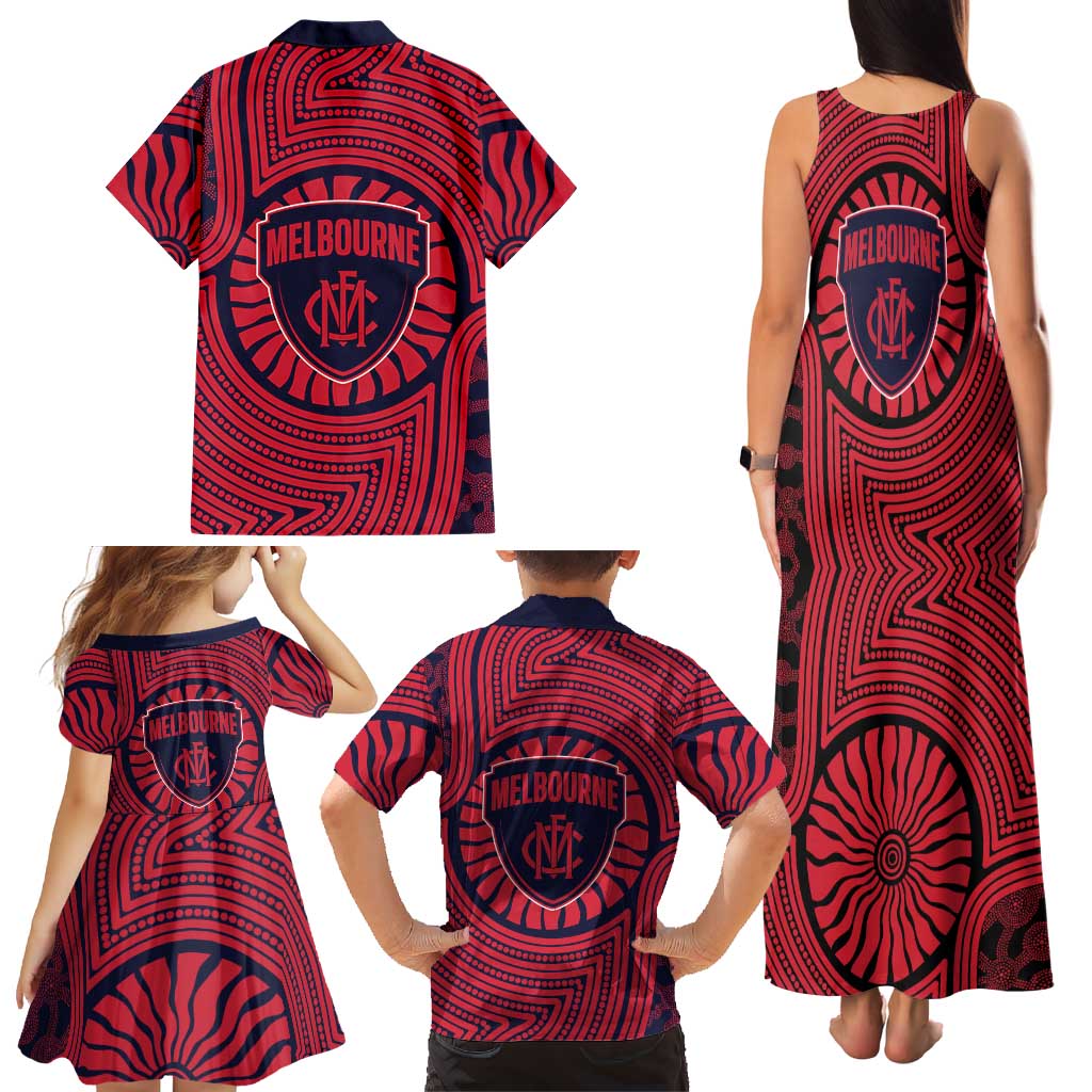 Melbourne Football Club Family Matching Tank Maxi Dress and Hawaiian Shirt Indigenous Monochrome Dot Art Mascot Style