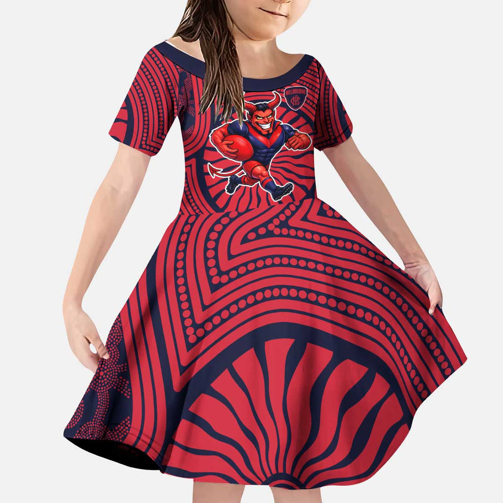 Melbourne Football Club Kid Short Sleeve Dress Indigenous Monochrome Dot Art Mascot Style