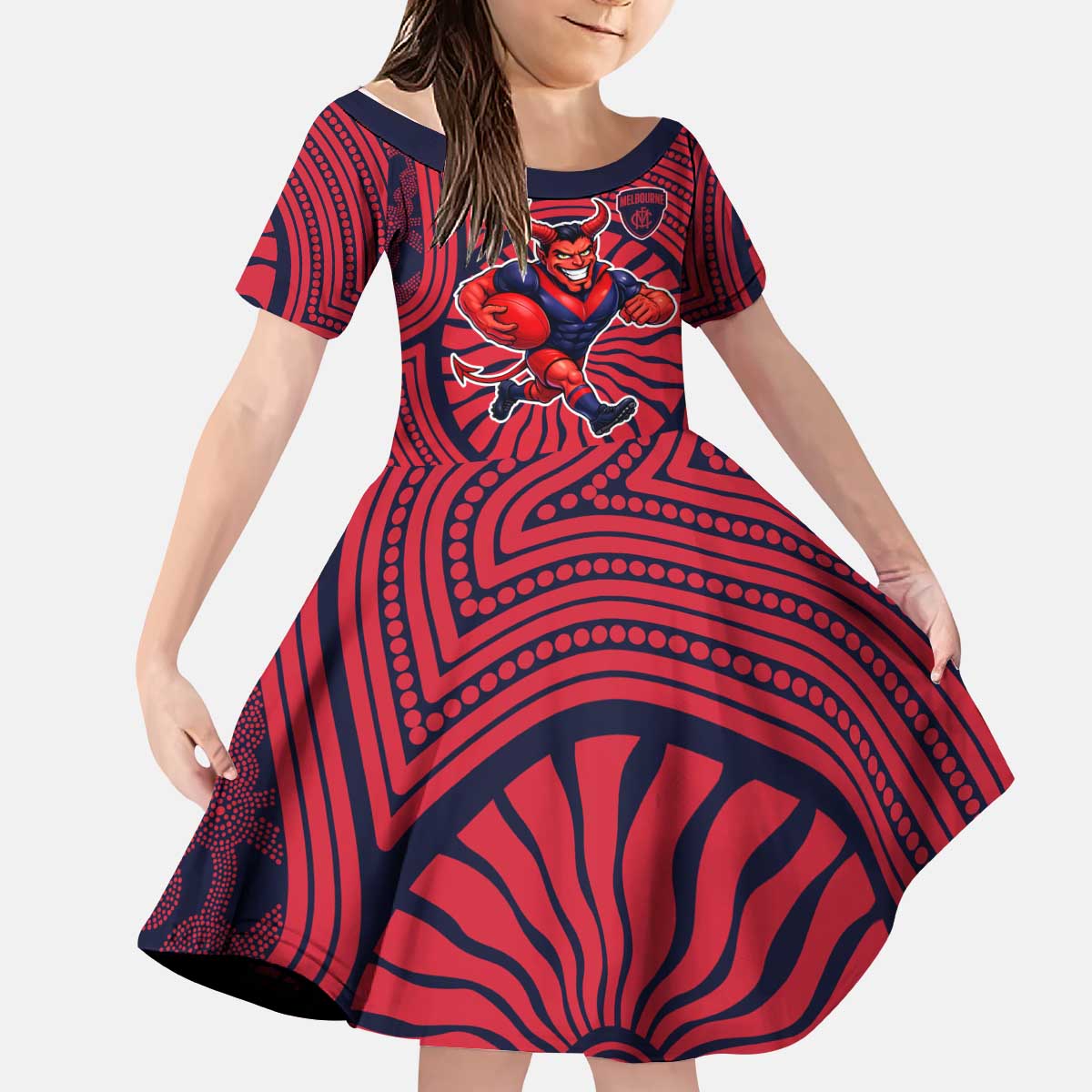 Melbourne Football Club Kid Short Sleeve Dress Indigenous Monochrome Dot Art Mascot Style