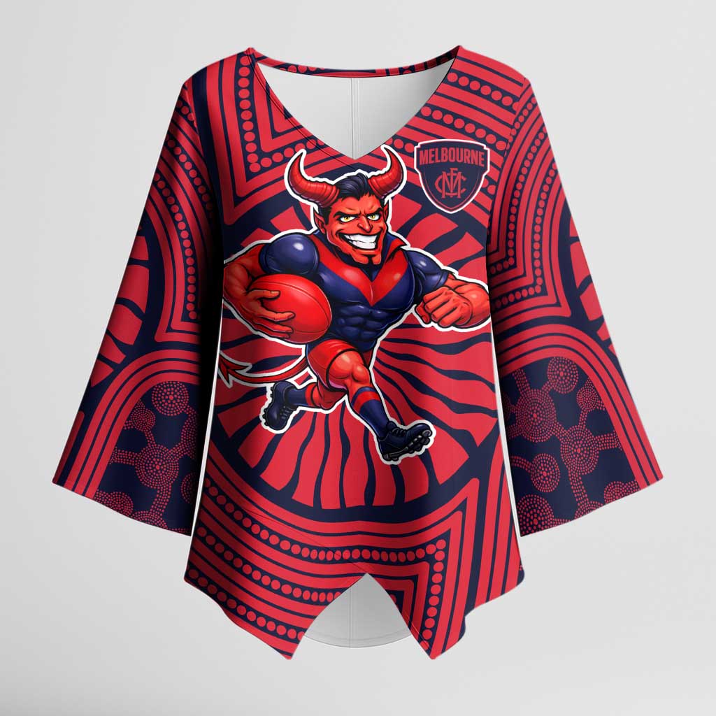 Melbourne Football Club Kimono Sleeve Blouse Indigenous Monochrome Dot Art Mascot Style