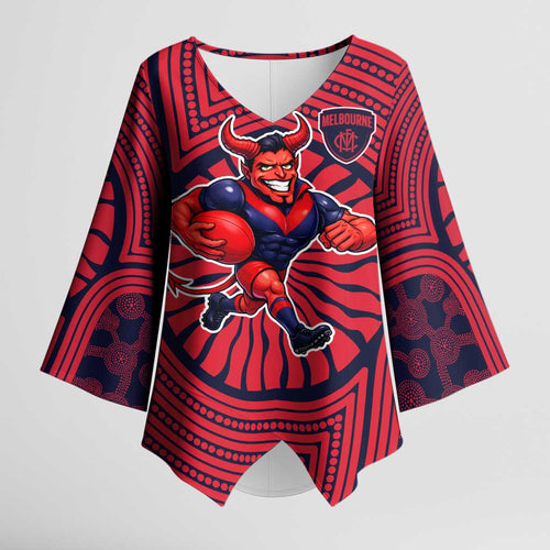 Melbourne Football Club Kimono Sleeve Blouse Indigenous Monochrome Dot Art Mascot Style