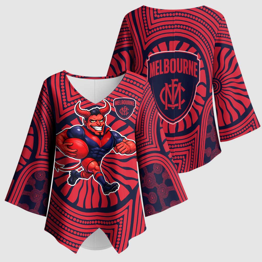 Melbourne Football Club Kimono Sleeve Blouse Indigenous Monochrome Dot Art Mascot Style