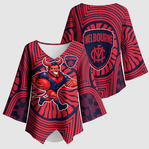 Melbourne Football Club Kimono Sleeve Blouse Indigenous Monochrome Dot Art Mascot Style