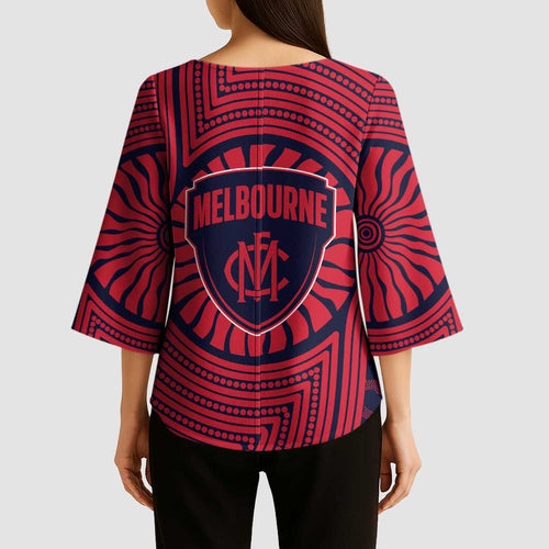 Melbourne Football Club Kimono Sleeve Blouse Indigenous Monochrome Dot Art Mascot Style