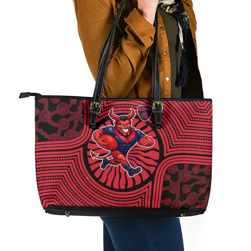 Melbourne Football Club Leather Tote Bag Indigenous Monochrome Dot Art Mascot Style