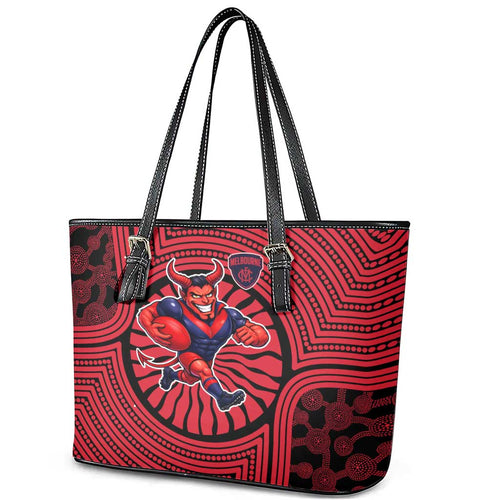 Melbourne Football Club Leather Tote Bag Indigenous Monochrome Dot Art Mascot Style