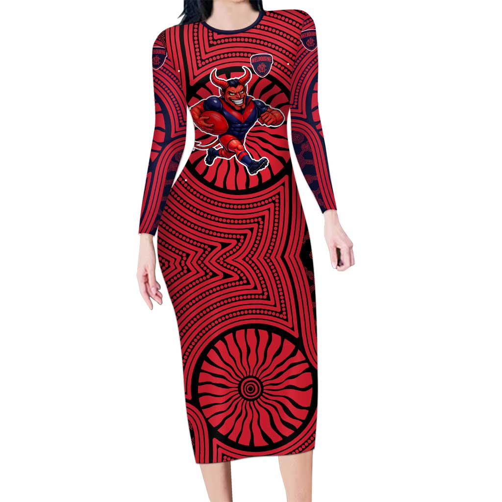 Melbourne Football Club Long Sleeve Bodycon Dress Indigenous Monochrome Dot Art Mascot Style