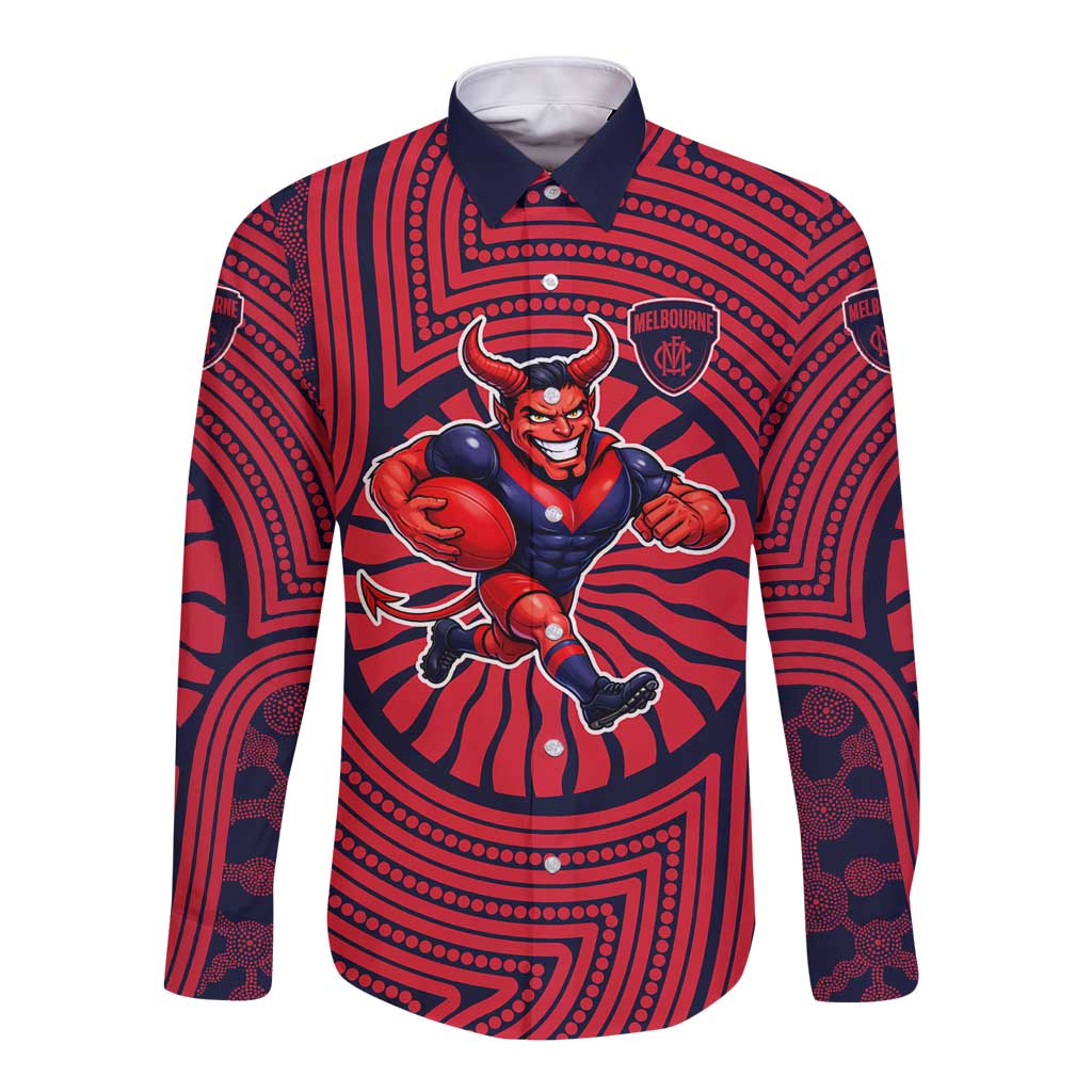 Melbourne Football Club Long Sleeve Button Shirt Indigenous Monochrome Dot Art Mascot Style