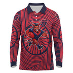 Melbourne Football Club Long Sleeve Polo Shirt Indigenous Monochrome Dot Art Mascot Style
