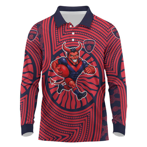 Melbourne Football Club Long Sleeve Polo Shirt Indigenous Monochrome Dot Art Mascot Style