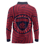 Melbourne Football Club Long Sleeve Polo Shirt Indigenous Monochrome Dot Art Mascot Style
