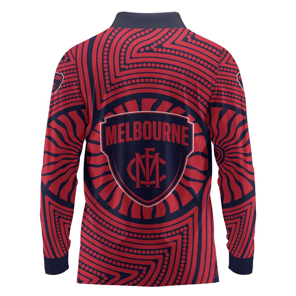 Melbourne Football Club Long Sleeve Polo Shirt Indigenous Monochrome Dot Art Mascot Style