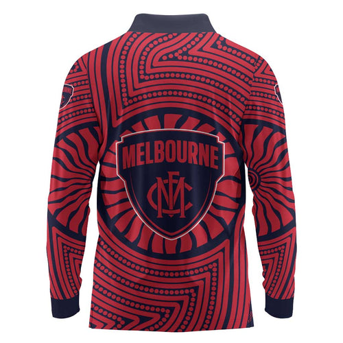 Melbourne Football Club Long Sleeve Polo Shirt Indigenous Monochrome Dot Art Mascot Style