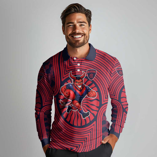 Melbourne Football Club Long Sleeve Polo Shirt Indigenous Monochrome Dot Art Mascot Style