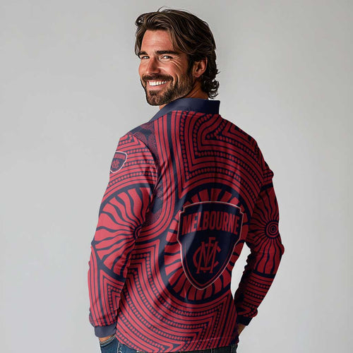 Melbourne Football Club Long Sleeve Polo Shirt Indigenous Monochrome Dot Art Mascot Style