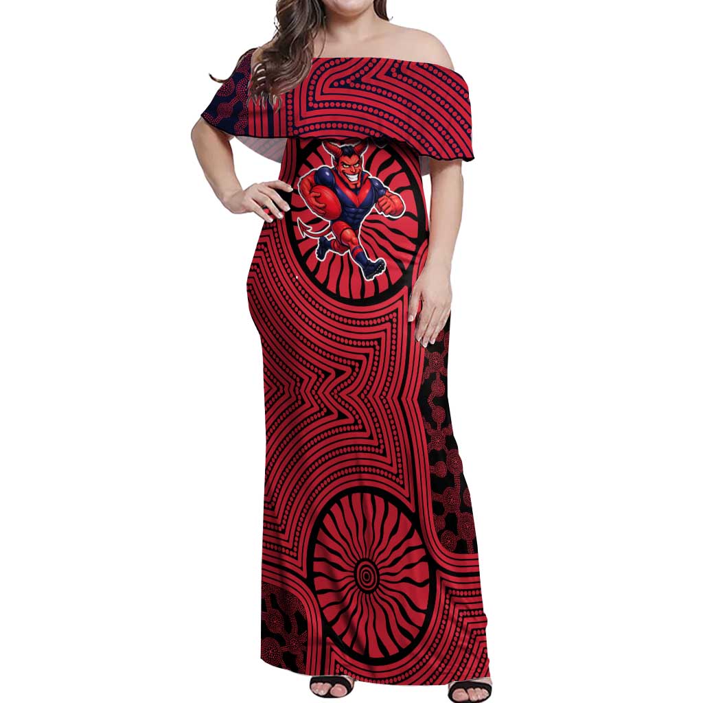 Melbourne Football Club Off Shoulder Maxi Dress Indigenous Monochrome Dot Art Mascot Style
