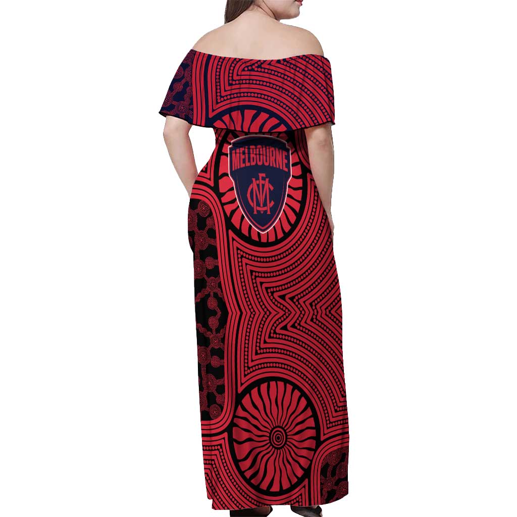 Melbourne Football Club Off Shoulder Maxi Dress Indigenous Monochrome Dot Art Mascot Style