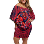 Melbourne Football Club Off Shoulder Short Dress Indigenous Monochrome Dot Art Mascot Style