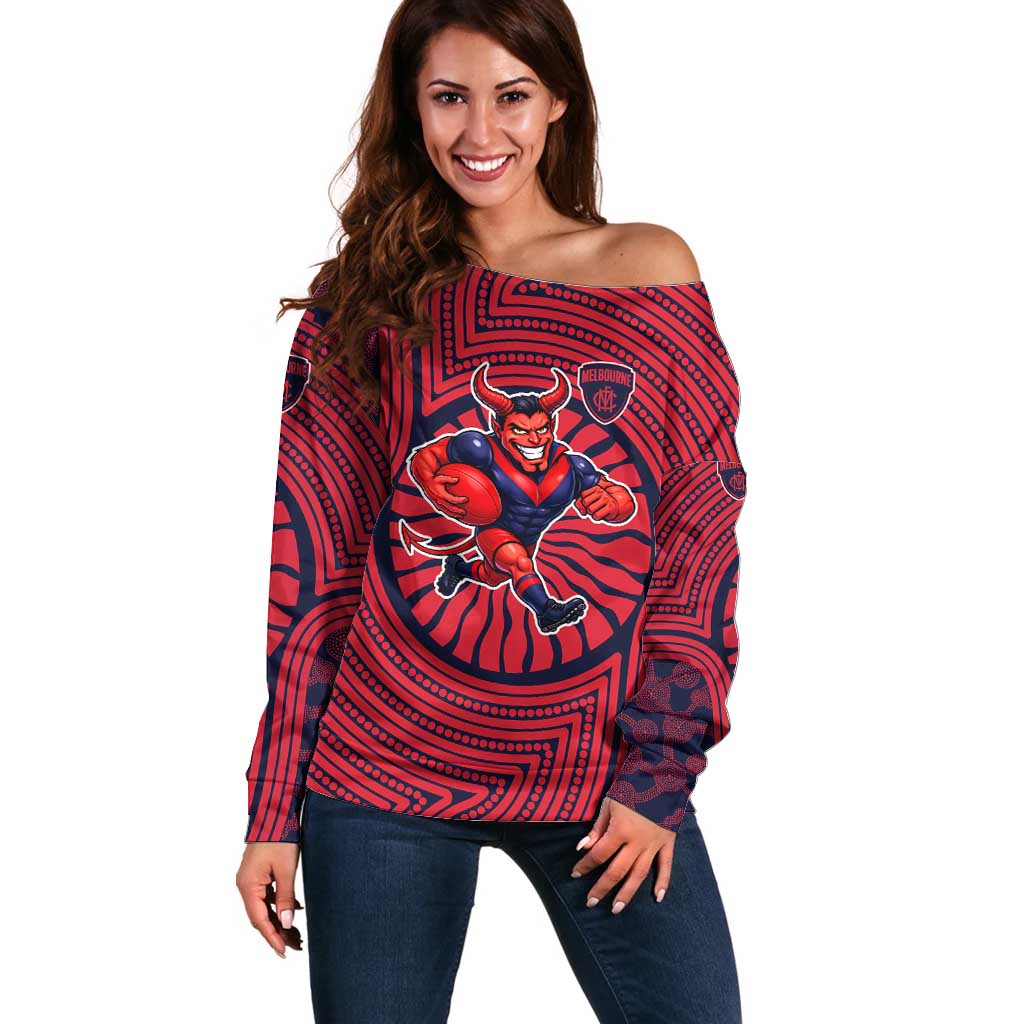 Melbourne Football Club Off Shoulder Sweater Indigenous Monochrome Dot Art Mascot Style
