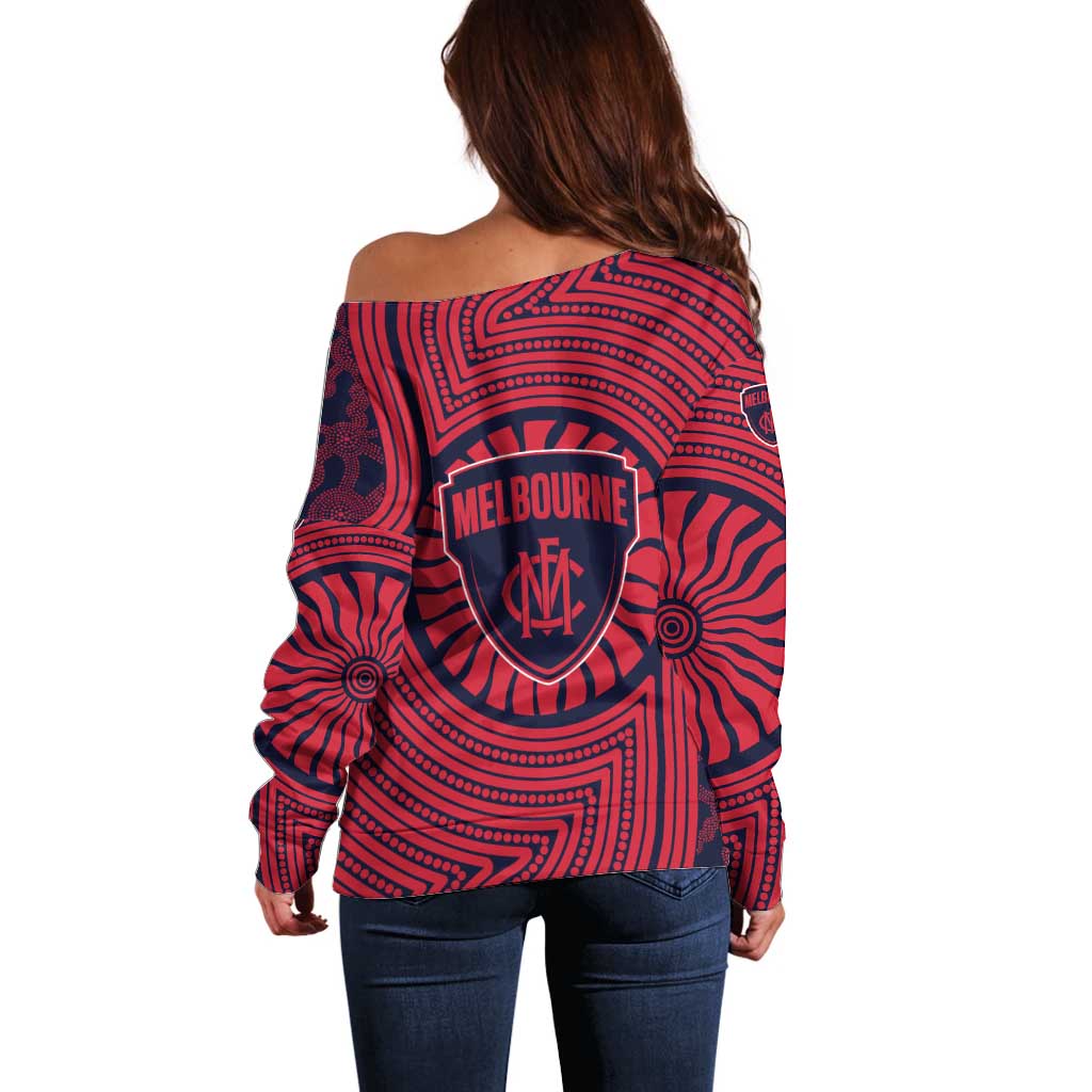 Melbourne Football Club Off Shoulder Sweater Indigenous Monochrome Dot Art Mascot Style