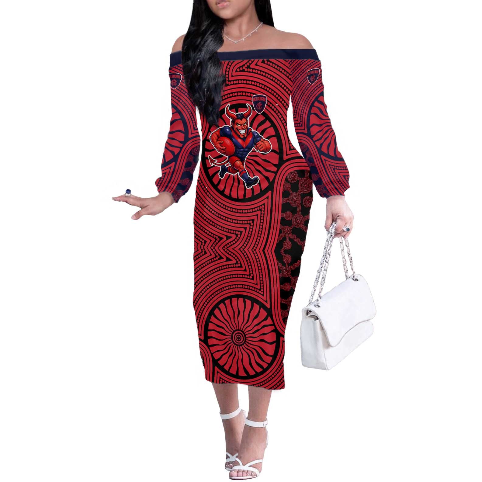 Melbourne Football Club Off The Shoulder Long Sleeve Dress Indigenous Monochrome Dot Art Mascot Style