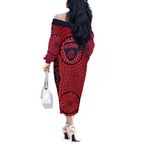 Melbourne Football Club Off The Shoulder Long Sleeve Dress Indigenous Monochrome Dot Art Mascot Style