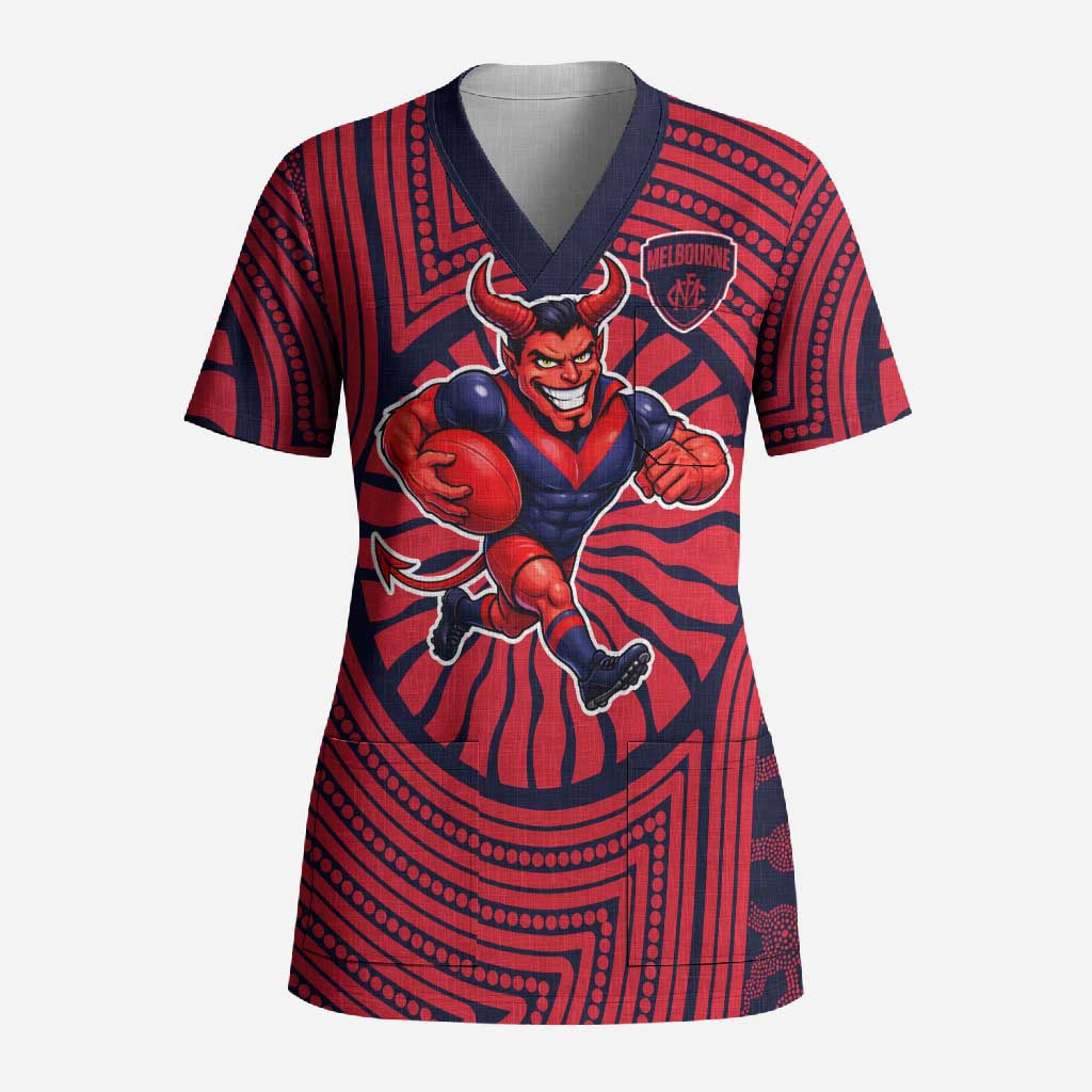 Melbourne Football Club Scrub Top Indigenous Monochrome Dot Art Mascot Style