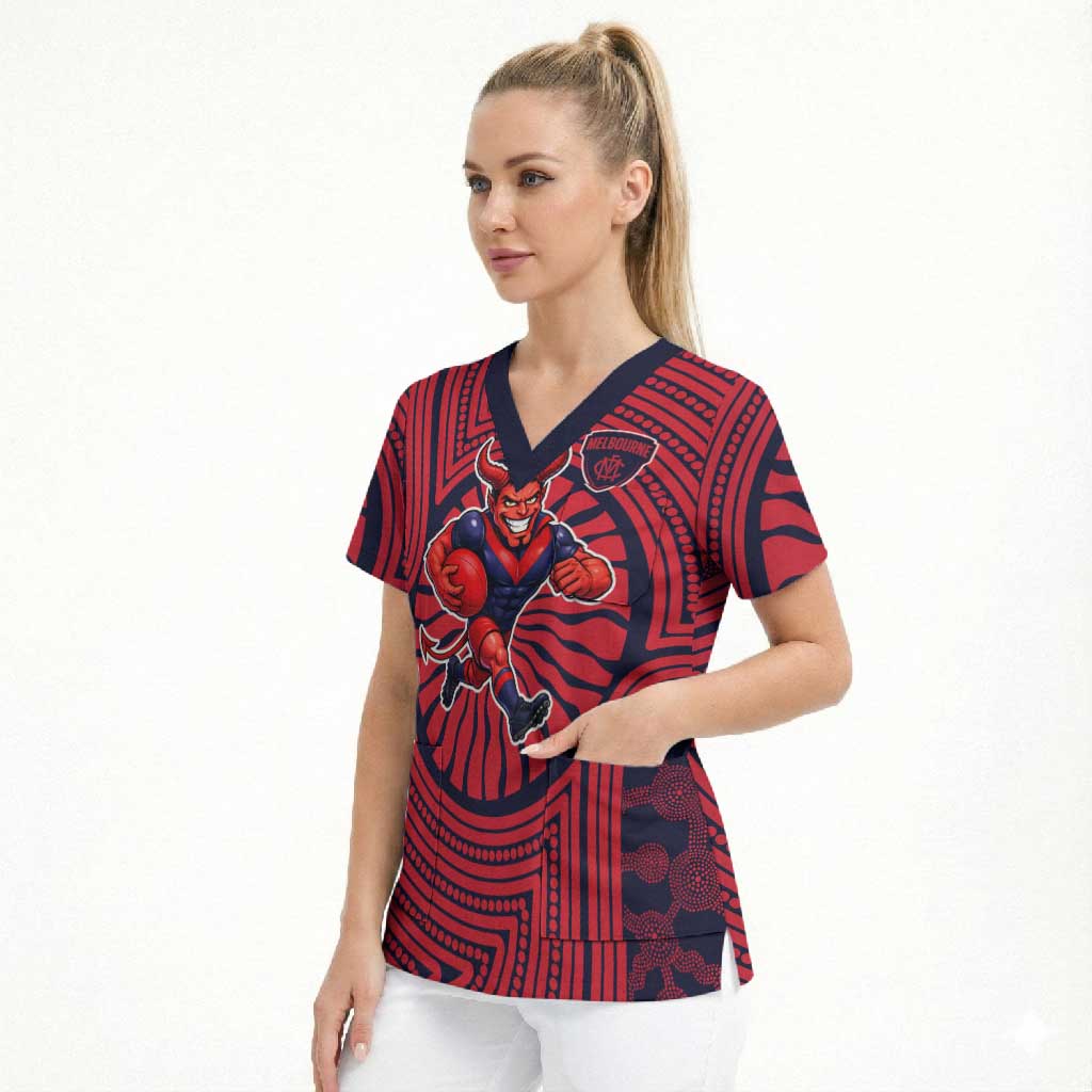 Melbourne Football Club Scrub Top Indigenous Monochrome Dot Art Mascot Style