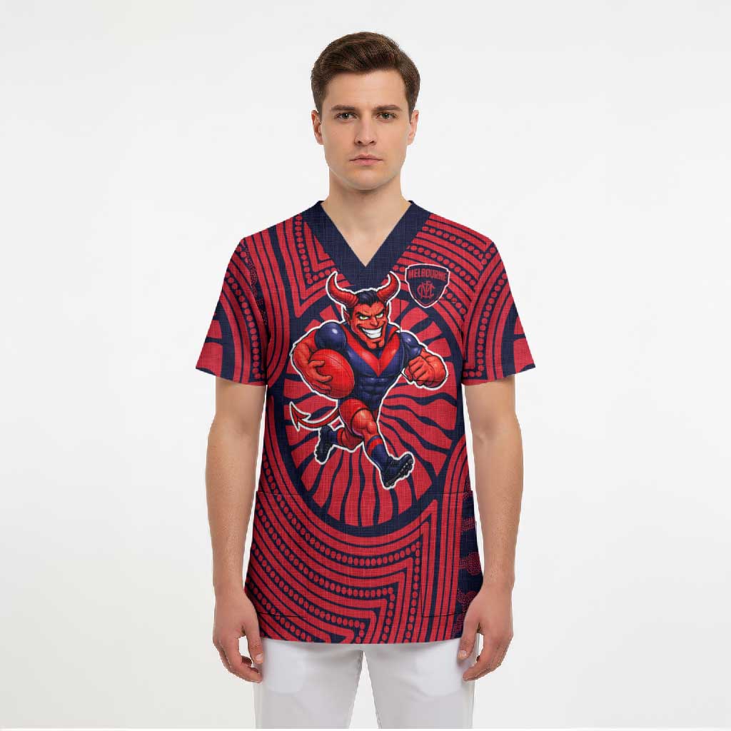 Melbourne Football Club Scrub Top Indigenous Monochrome Dot Art Mascot Style