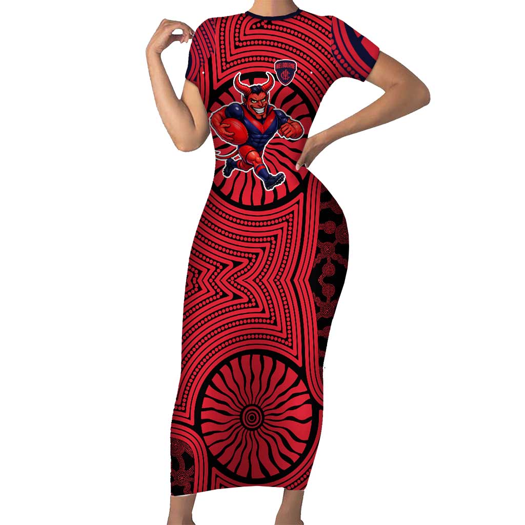 Melbourne Football Club Short Sleeve Bodycon Dress Indigenous Monochrome Dot Art Mascot Style