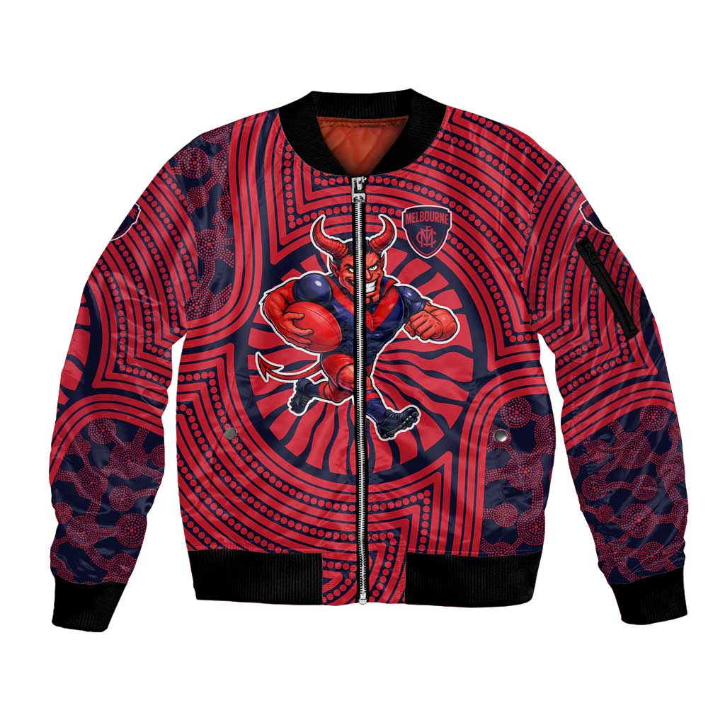 Melbourne Football Club Sleeve Zip Bomber Jacket Indigenous Monochrome Dot Art Mascot Style
