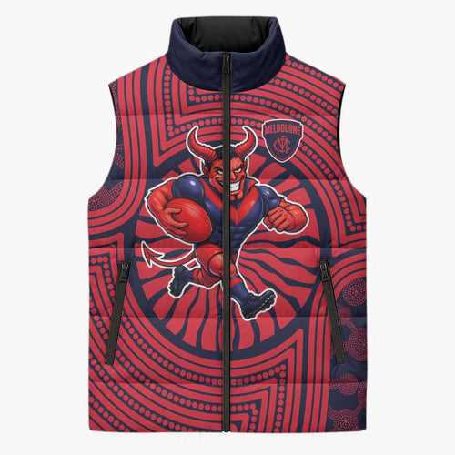 Melbourne Football Club Sleeveless Puffer Jacket Indigenous Monochrome Dot Art Mascot Style
