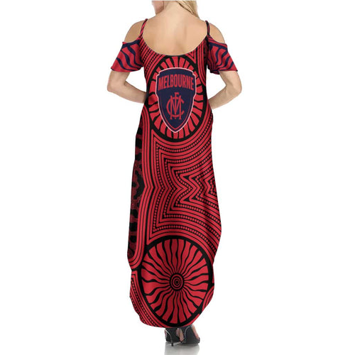 Melbourne Football Club Summer Maxi Dress Indigenous Monochrome Dot Art Mascot Style