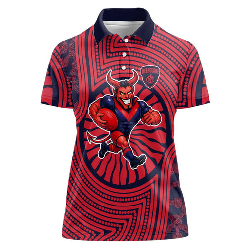 Melbourne Football Club Women Polo Shirt Indigenous Monochrome Dot Art Mascot Style