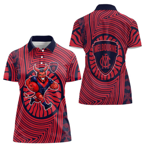 Melbourne Football Club Women Polo Shirt Indigenous Monochrome Dot Art Mascot Style
