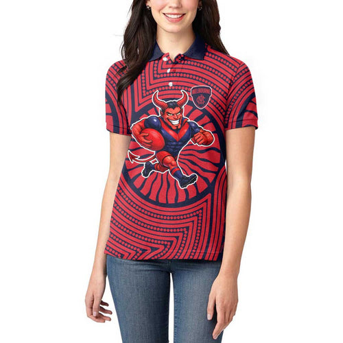 Melbourne Football Club Women Polo Shirt Indigenous Monochrome Dot Art Mascot Style