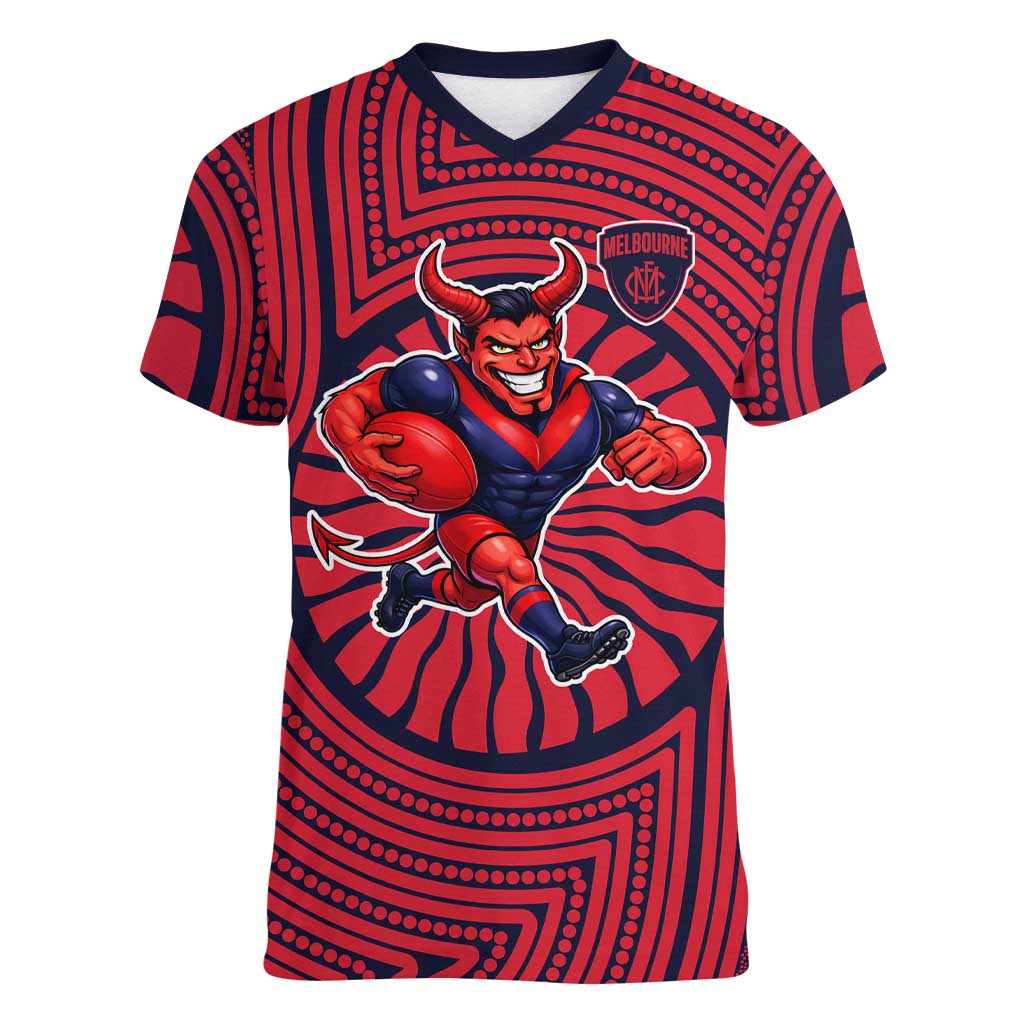 Melbourne Football Club Women V-Neck T-Shirt Indigenous Monochrome Dot Art Mascot Style
