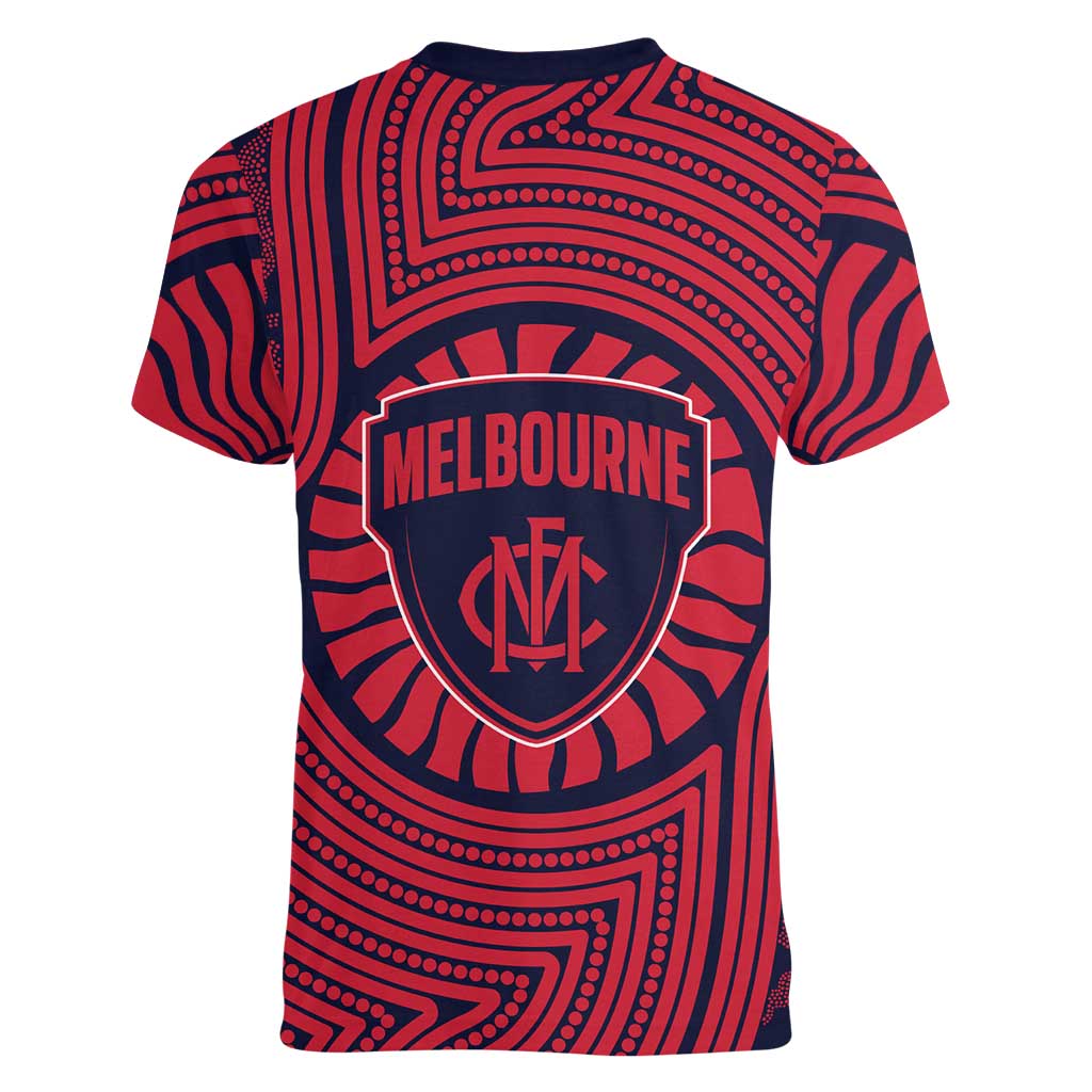 Melbourne Football Club Women V-Neck T-Shirt Indigenous Monochrome Dot Art Mascot Style