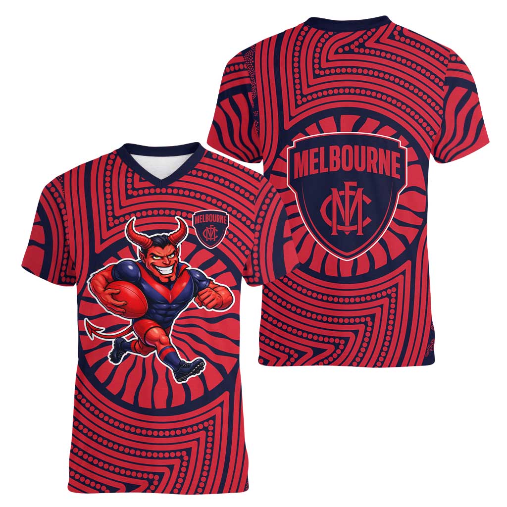 Melbourne Football Club Women V-Neck T-Shirt Indigenous Monochrome Dot Art Mascot Style
